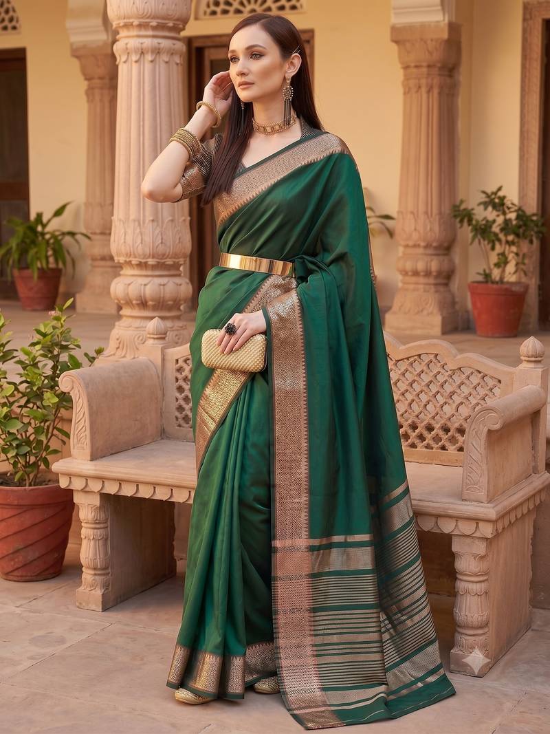 Kavindi women's cotton silk solid print with golden woven border saree with blouse