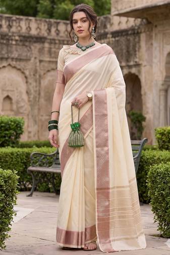Kavindi women's cotton silk solid print with golden woven border saree with blouse