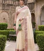 Kavindi women's cotton silk solid print with golden woven border saree with blouse