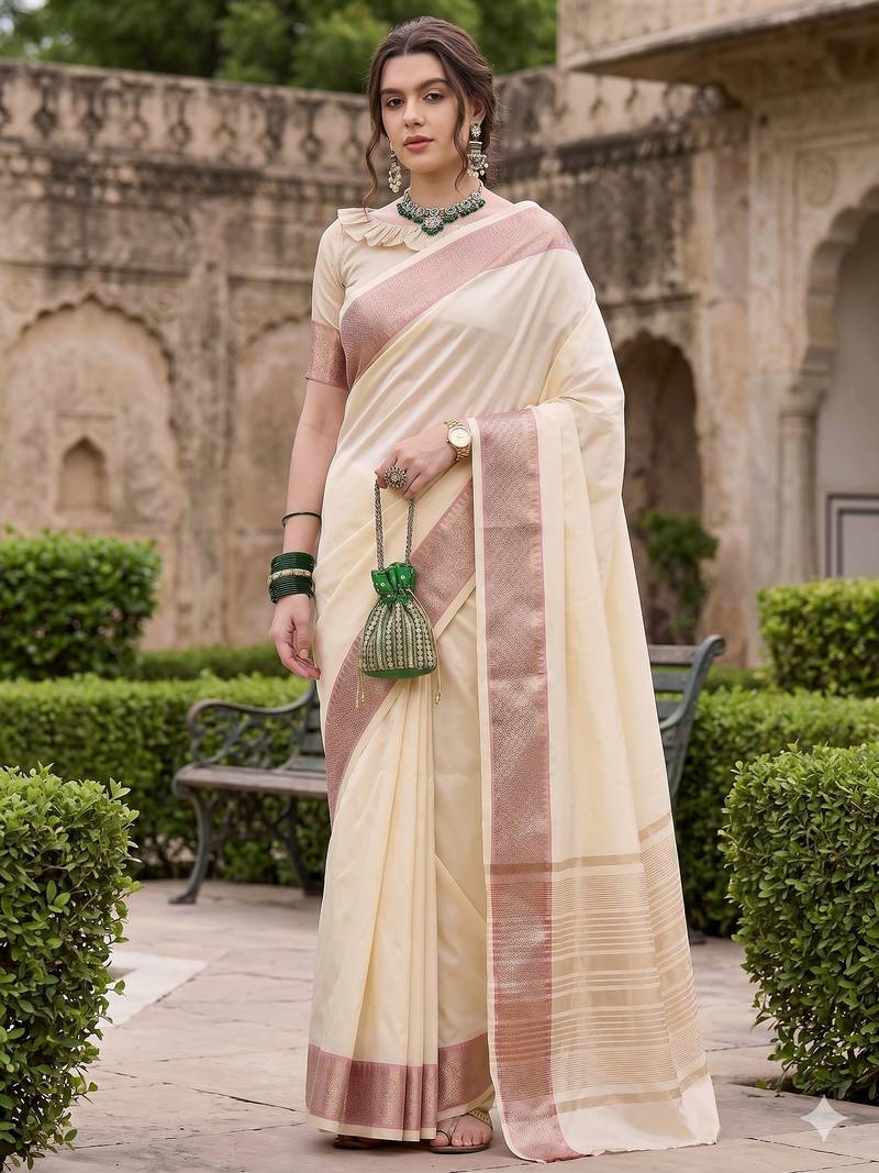 Kavindi women's cotton silk solid print with golden woven border saree with blouse