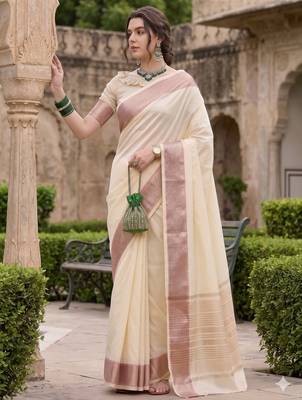 Kavindi women's cotton silk solid print with golden woven border saree with blouse 2