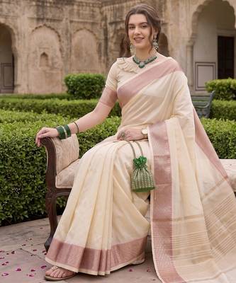 Kavindi women's cotton silk solid print with golden woven border saree with blouse 3
