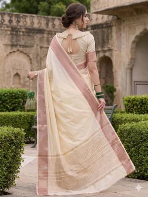 Kavindi women's cotton silk solid print with golden woven border saree with blouse 4