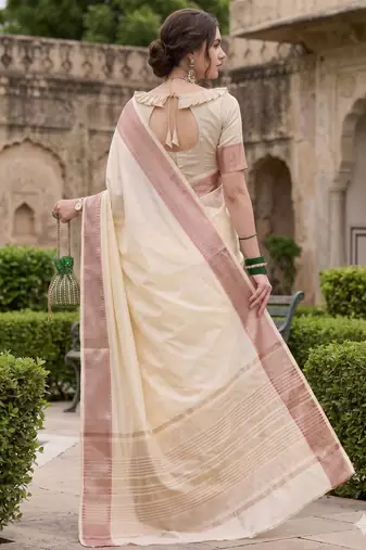 Kavindi women's cotton silk solid print with golden woven border saree with blouse
