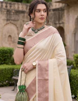 Kavindi women's cotton silk solid print with golden woven border saree with blouse 5