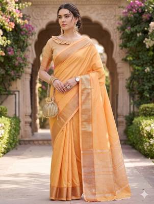 Kavindi women's cotton silk solid print with golden woven border saree with blouse 1