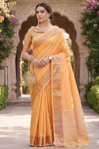 Kavindi women's cotton silk solid print with golden woven border saree with blouse