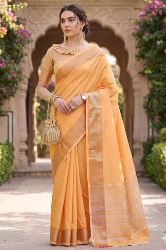 Kavindi women's cotton silk solid print with golden woven border saree with blouse