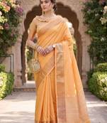 Kavindi women's cotton silk solid print with golden woven border saree with blouse