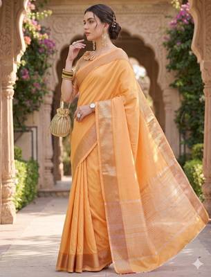 Kavindi women's cotton silk solid print with golden woven border saree with blouse 2