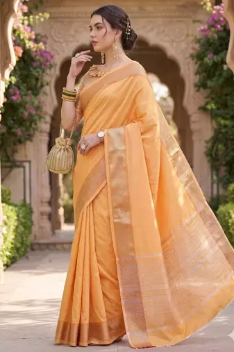 Kavindi women's cotton silk solid print with golden woven border saree with blouse