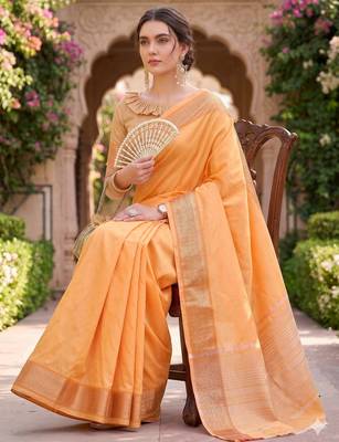 Kavindi women's cotton silk solid print with golden woven border saree with blouse 3