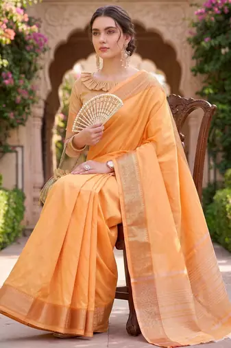 Kavindi women's cotton silk solid print with golden woven border saree with blouse