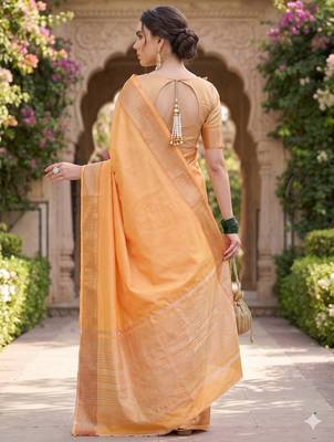 Kavindi women's cotton silk solid print with golden woven border saree with blouse 4