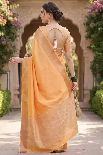 Kavindi women's cotton silk solid print with golden woven border saree with blouse