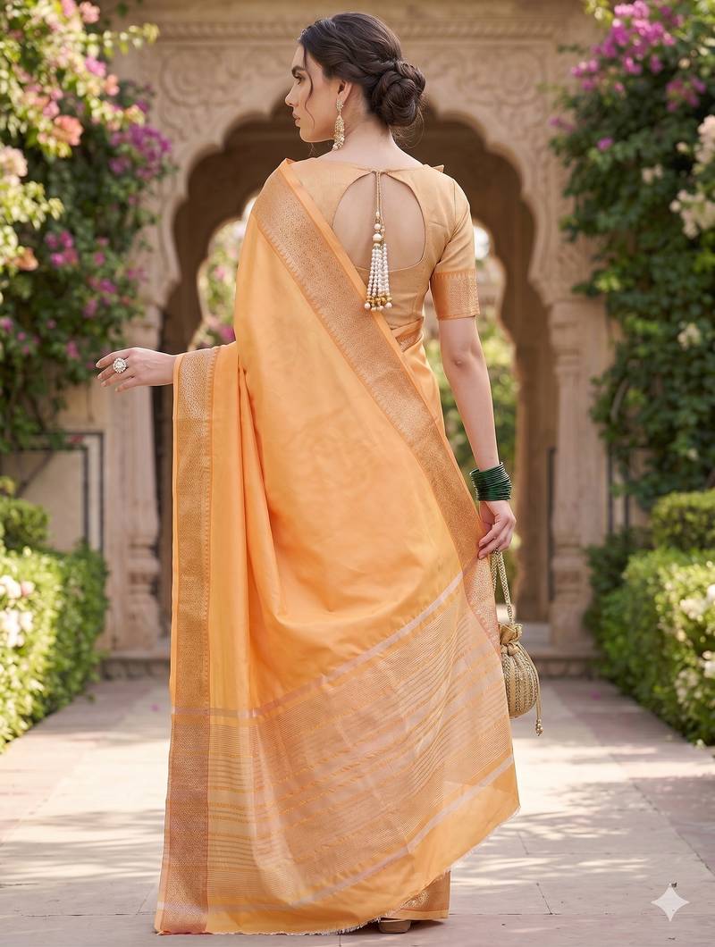 Kavindi women's cotton silk solid print with golden woven border saree with blouse