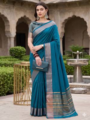 Kavindi women's cotton silk solid print with golden woven border saree with blouse 1