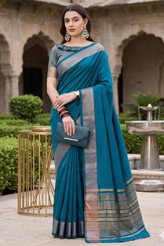 Kavindi women's cotton silk solid print with golden woven border saree with blouse