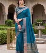 Kavindi women's cotton silk solid print with golden woven border saree with blouse