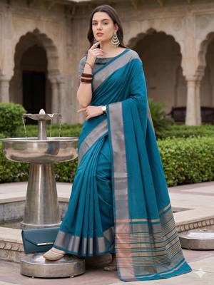 Kavindi women's cotton silk solid print with golden woven border saree with blouse 2