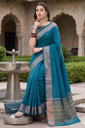 Kavindi women's cotton silk solid print with golden woven border saree with blouse