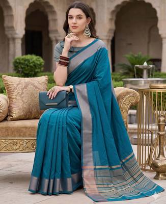 Kavindi women's cotton silk solid print with golden woven border saree with blouse 3
