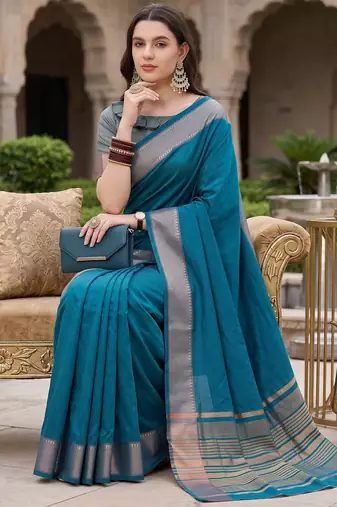 Kavindi women's cotton silk solid print with golden woven border saree with blouse