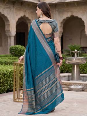 Kavindi women's cotton silk solid print with golden woven border saree with blouse 4