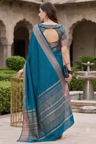 Kavindi women's cotton silk solid print with golden woven border saree with blouse