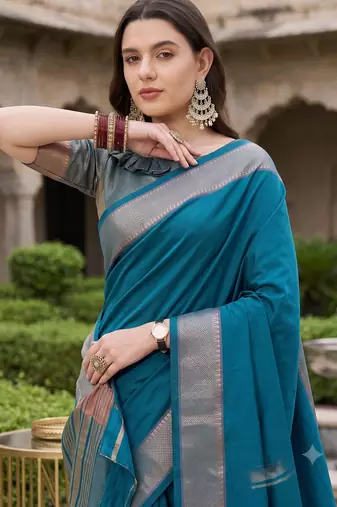 Kavindi women's cotton silk solid print with golden woven border saree with blouse