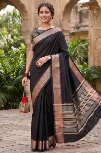 Kavindi women's cotton silk solid print with golden woven border saree with blouse