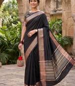 Kavindi women's cotton silk solid print with golden woven border saree with blouse