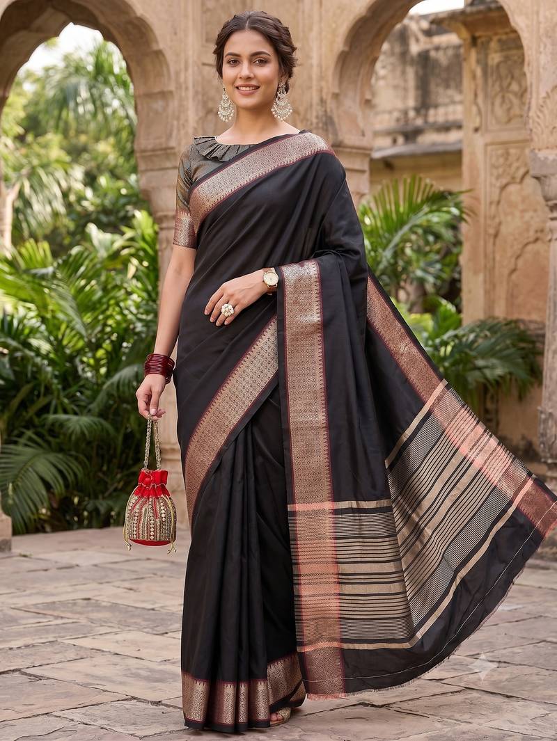 Kavindi women's cotton silk solid print with golden woven border saree with blouse