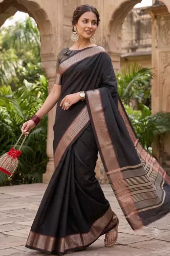 Kavindi women's cotton silk solid print with golden woven border saree with blouse