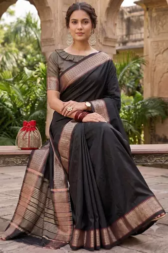 Kavindi women's cotton silk solid print with golden woven border saree with blouse