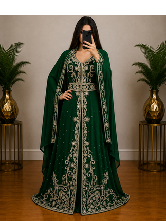 Emerald Green Embroidered Moroccan Kaftan Gown 1