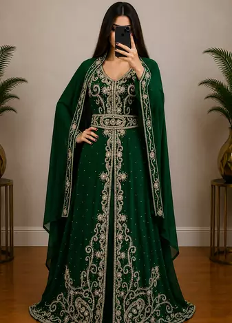 Emerald Green Embroidered Moroccan Kaftan Gown