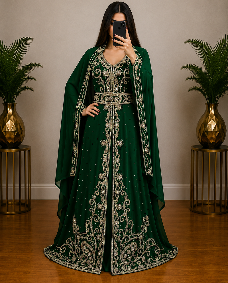 Emerald Green Embroidered Moroccan Kaftan Gown