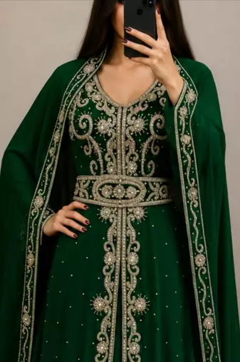 Emerald Green Embroidered Moroccan Kaftan Gown