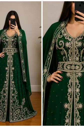 Emerald Green Embroidered Moroccan Kaftan Gown