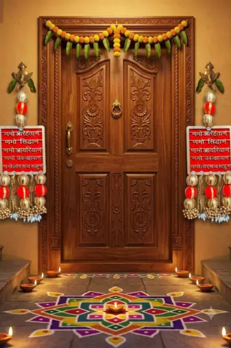 handmade navkar mantra red gold beads decorative door hanging wall decor (pack of 2)