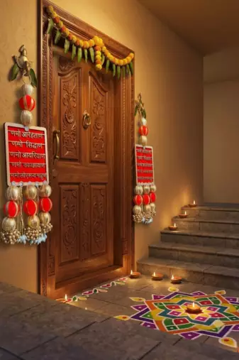 handmade navkar mantra red gold beads decorative door hanging wall decor (pack of 2)