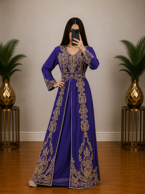 Royal blue Heavy Gold Embroidered Moroccan Kaftan Gown 1