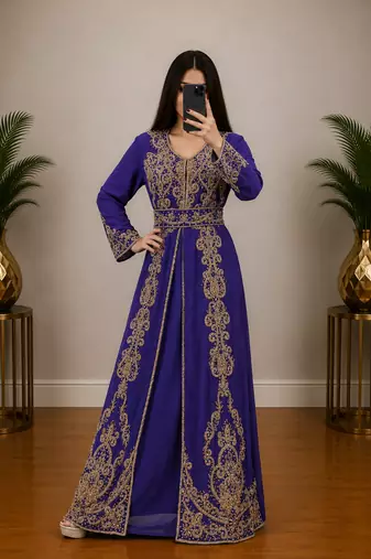 Royal blue Heavy Gold Embroidered Moroccan Kaftan Gown