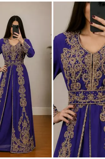 Royal blue Heavy Gold Embroidered Moroccan Kaftan Gown