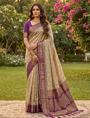 beige cotton blend saree with blouse 1