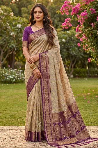 beige cotton blend saree with blouse