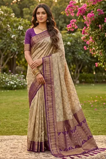 beige cotton blend saree with blouse