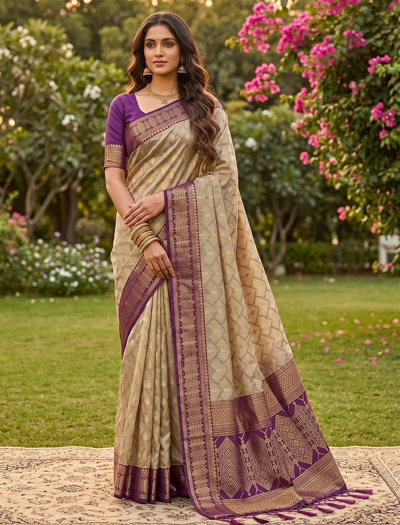 beige cotton blend saree with blouse