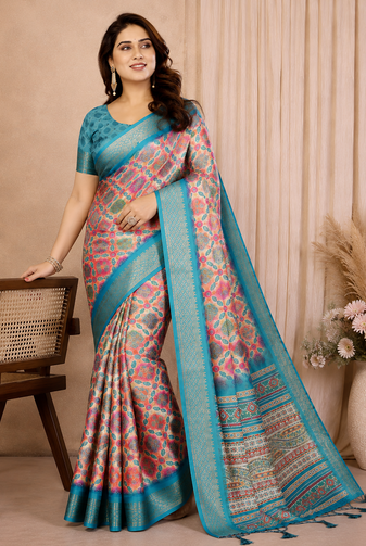 blue printed work cotton blend saree